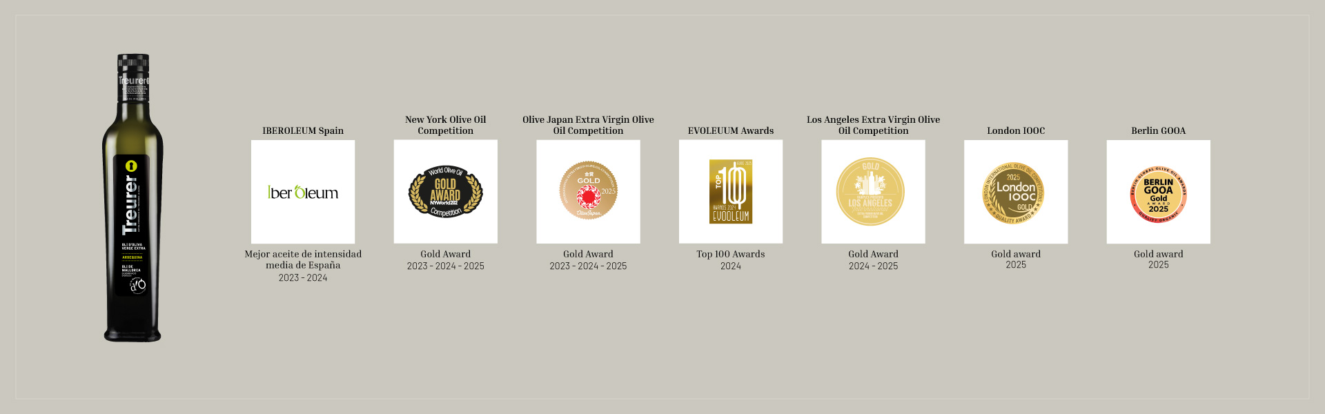 Treurer, aceite de oliva virgen extra, medalla de oro en Nueva York, Los Angeles, Berlin, Tokio