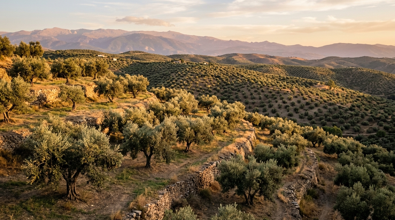 Differences between extra virgin, virgin and refined olive oil and their uses 3 Olive groves on stone terraces under golden light with Mediterranean hills in the background, representing the production territory.