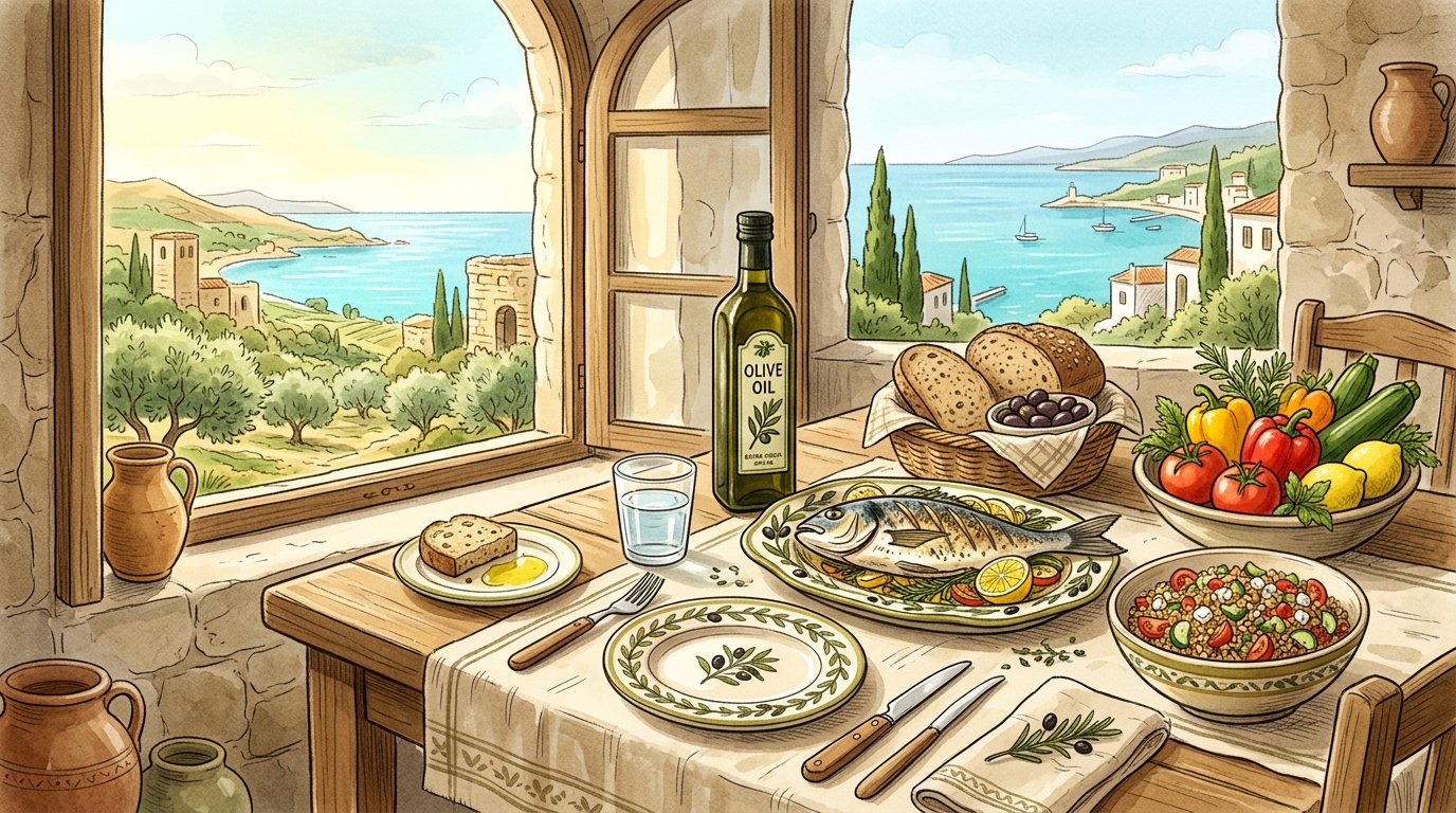 Aceite de oliva virgen extra y salud: qué dice la ciencia 2 Mesa mediterránea con aceite de oliva, verduras frescas, cereales integrales y pescado, evocando la dieta mediterránea y la longevidad