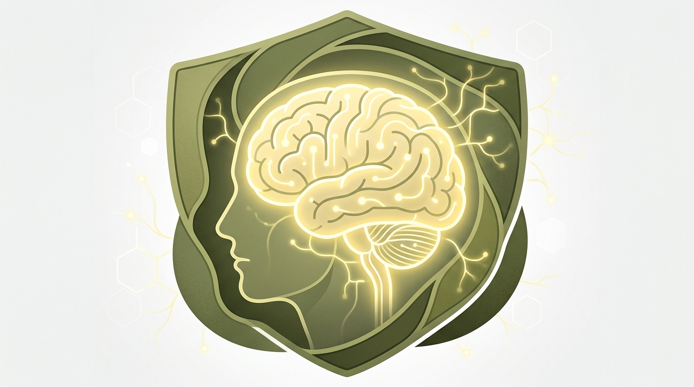 Aceite de oliva virgen extra y salud: qué dice la ciencia 4 Cerebro protegido por capas de color verde oliva, simbolizando la neuroprotección del aceite de oliva frente al deterioro cognitivo