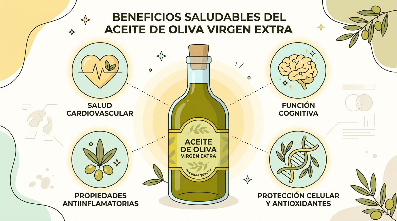Botella de aceite de oliva virgen extra rodeada de iconos de corazón, cerebro, ADN y hoja, representando sus beneficios pa...