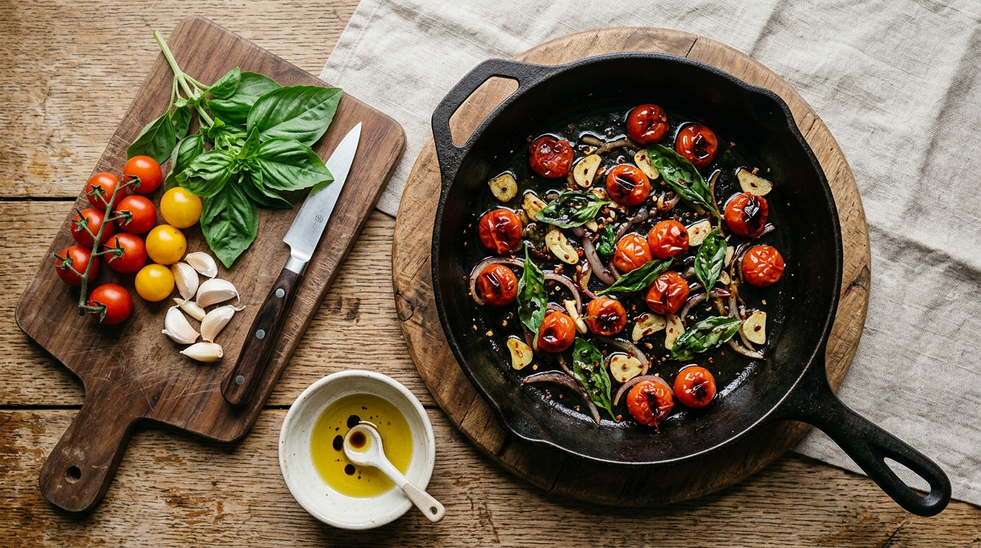 Differences between extra virgin, virgin and refined olive oil and their uses 2 Wooden board with fresh tomatoes, basil and olive oil in a bowl next to a pan with sautéed ingredients.