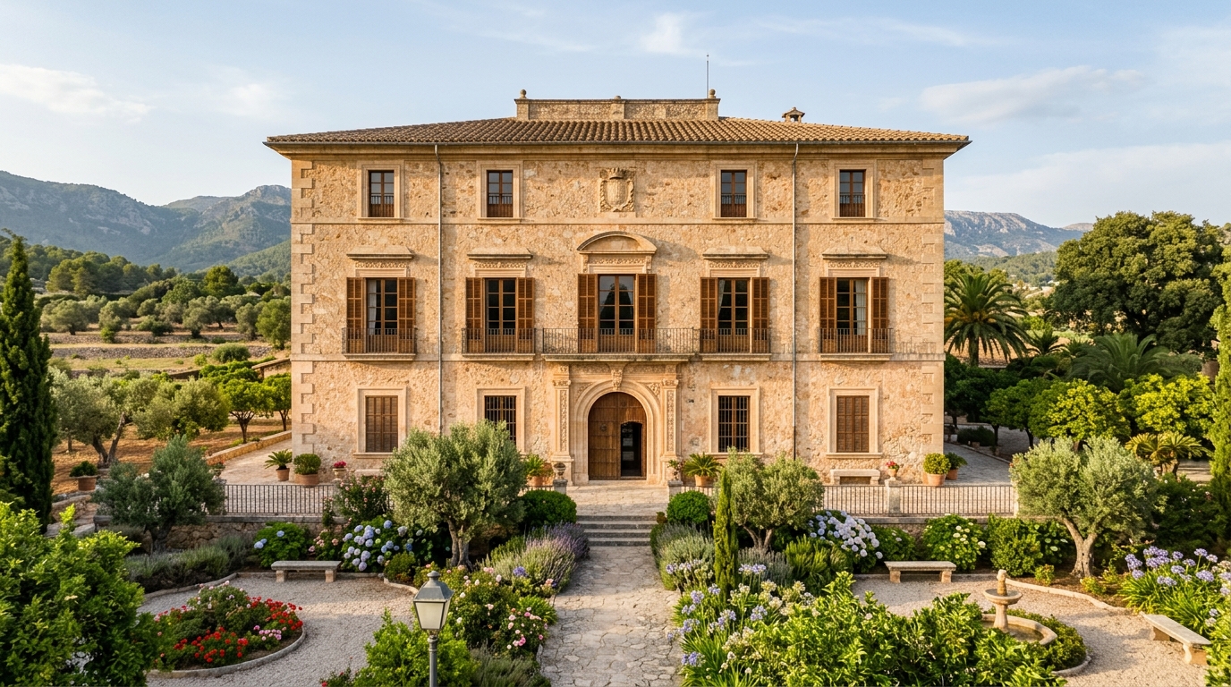 Mallorquinisches Steinherrengut mit symmetrischer Fassade, monumentalem Eingang und mediterranen Gärten, die die mallorquinische Architektur zeigen