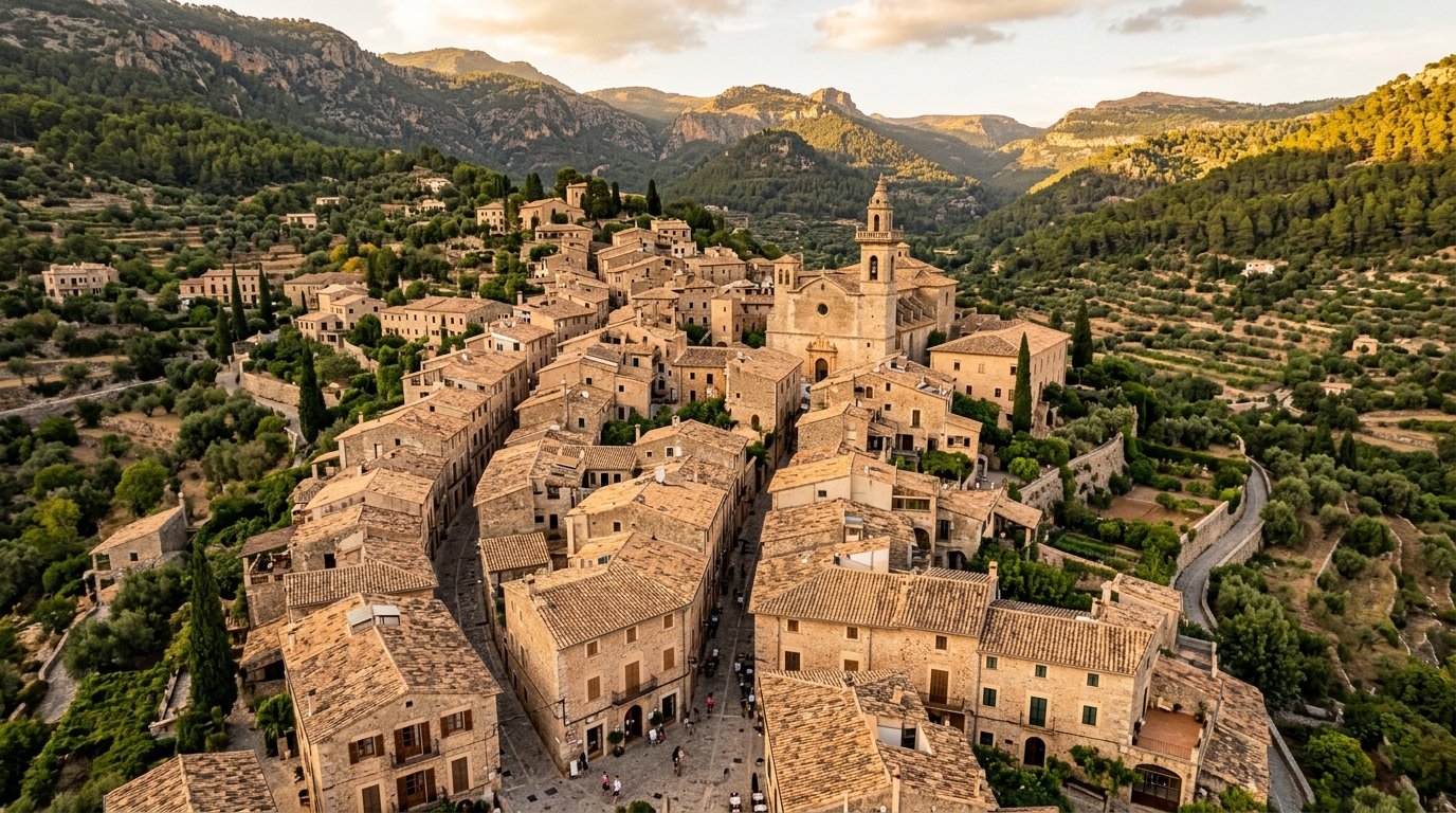 Mallorquinisches Dorf mit Häusern aus Marés-Stein, Tondächern und engen Gassen inmitten mallorquinischer Volksarchitektur