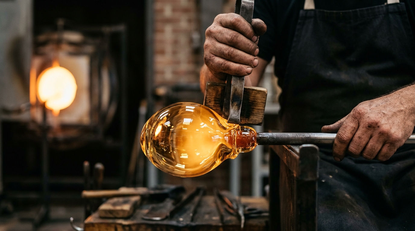 Manos de artesano soplando vidrio incandescente con herramientas tradicionales, iluminado por la luz cálida del horno.
