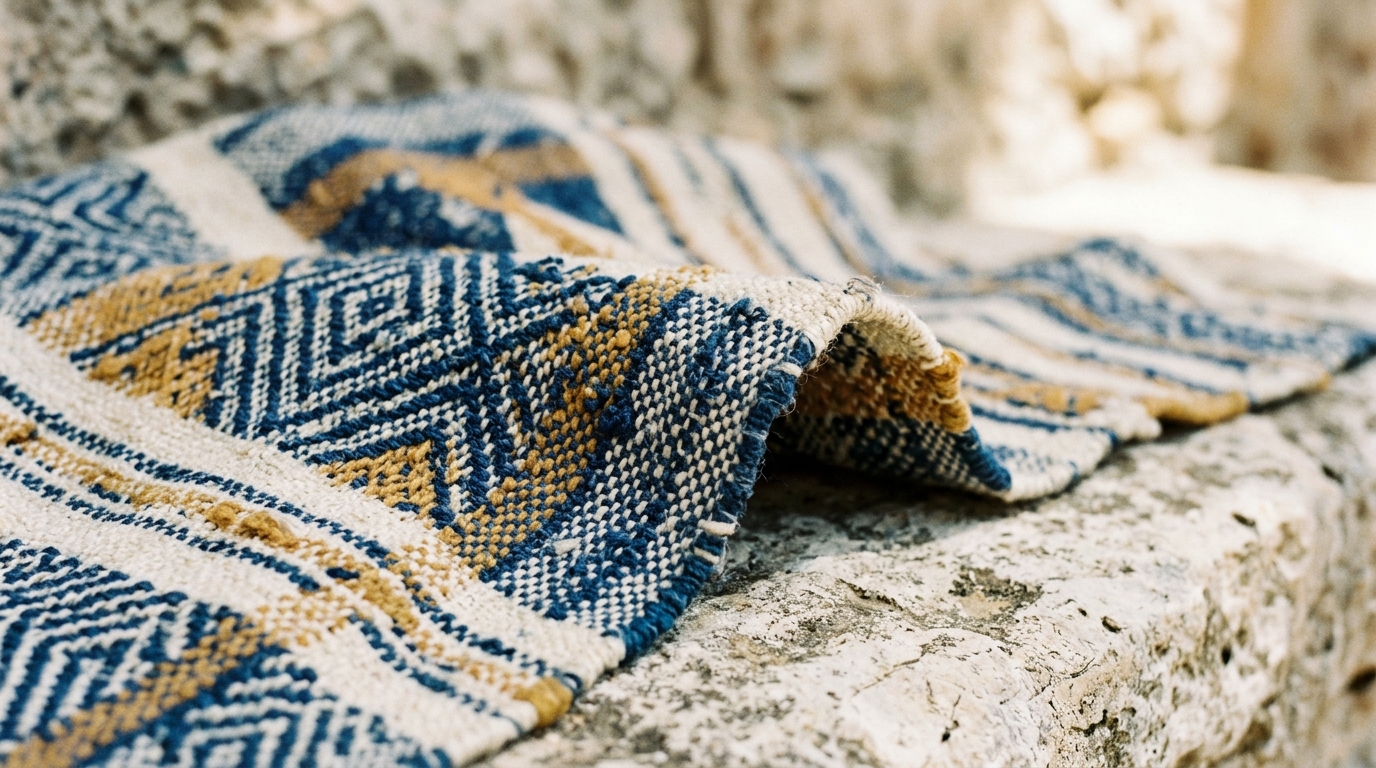 Detail eines traditionellen mallorquinischen Gewebes mit geometrischen Mustern in natürlichen Indigo- und Ockertönen.