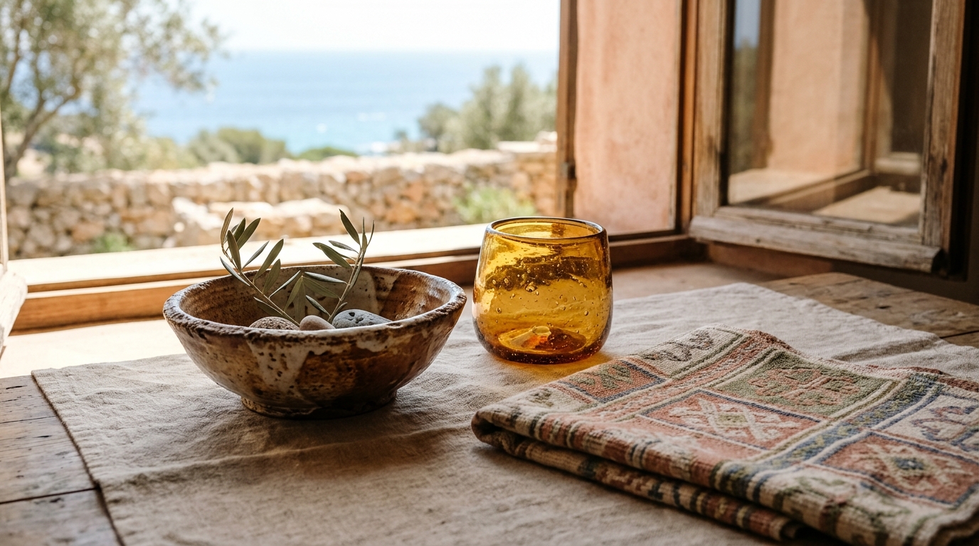 Cerámica, vidrio soplado y textil artesanal mallorquín dispuestos sobre lino natural con luz natural suave.