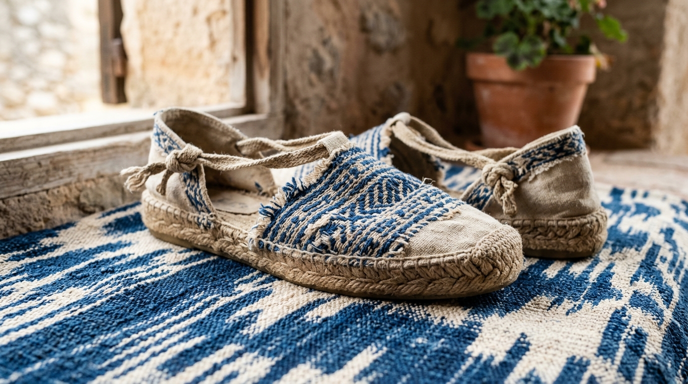 Espardenyes mallorquinas artesanales sobre tela tradicional de llengues con patrones ikat.