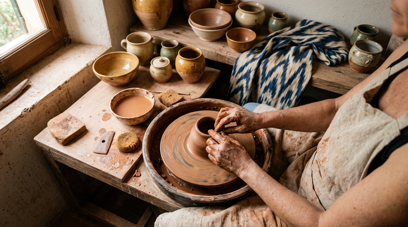 Manos de alfarero modelando cerámica mallorquina junto a textiles tradicionales de llengues.