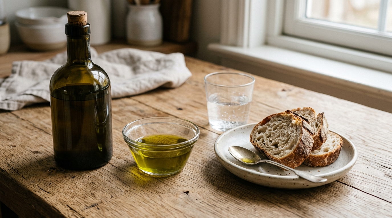 Cata de aceite de oliva virgen extra: guía sensorial para principiantes 3 Montaje de cata en casa: botella de aceite, copa de degustación, pan y agua para limpiar paladar.