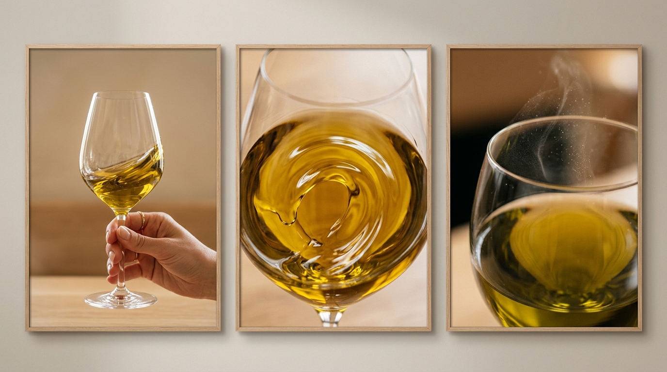 Cata de aceite de oliva virgen extra: guía sensorial para principiantes 2 Tres fases de degustación: movimiento del aceite en copa, observación de viscosidad y captación de aromas aromáticos AOVE.