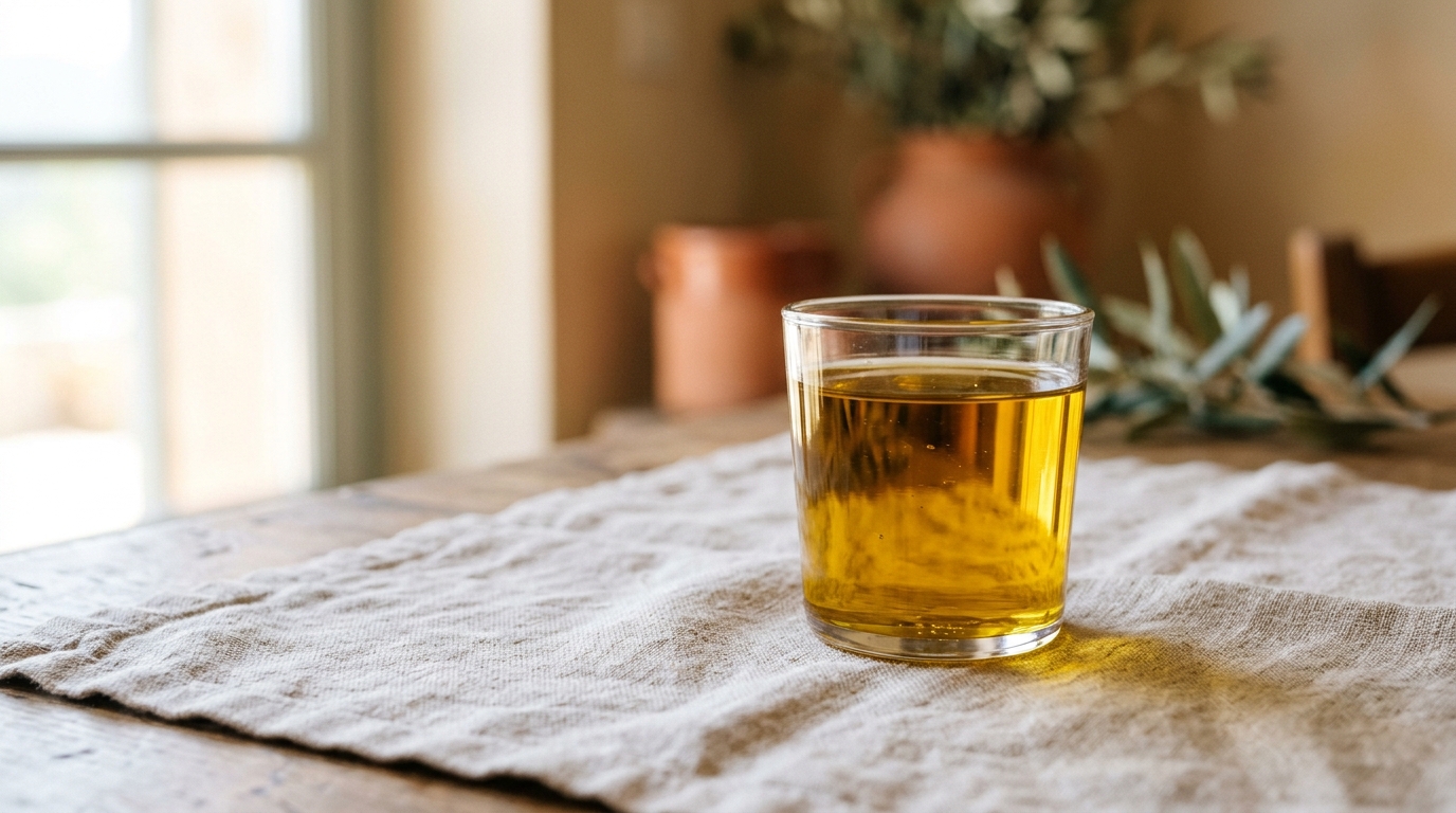Vaso de aceite de oliva virgen extra dorado sobre fondo neutro minimalista con iluminación natural cálida.