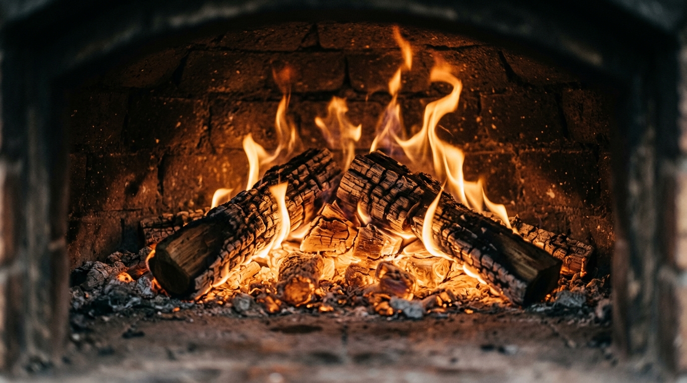 Cocción tradicional mallorquina: horno de leña, barro y fuego lento 2 Fuego lento ardiendo en horno de leña con tonos naranjas y ambarinos, filosofía de cocción tradicional mallorquina.