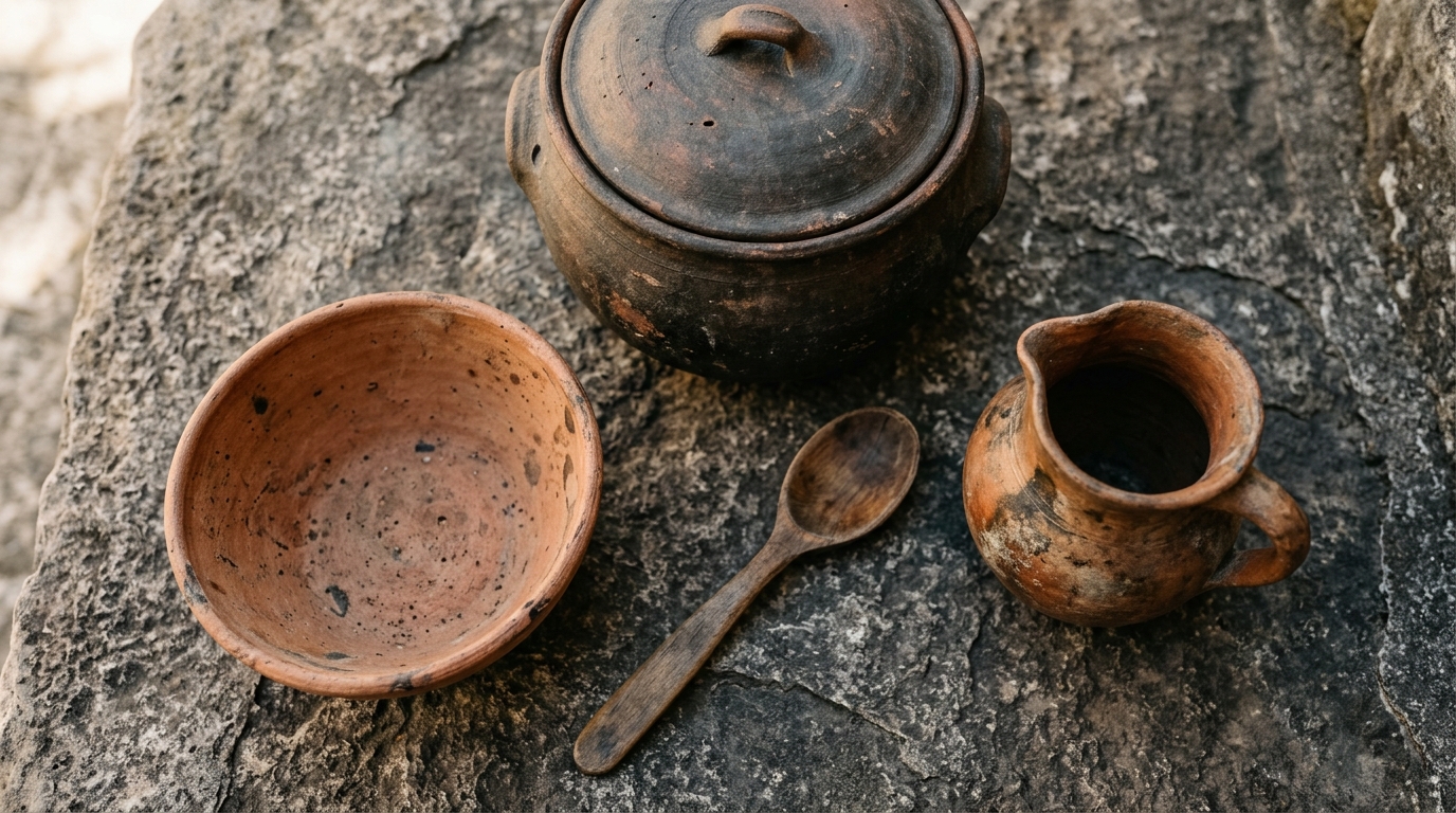 Cocción tradicional mallorquina: horno de leña, barro y fuego lento 3 Cazuelas de barro envejecidas y utensilios tradicionales mallorquines sobre piedra, técnicas que perduran en el tiempo.