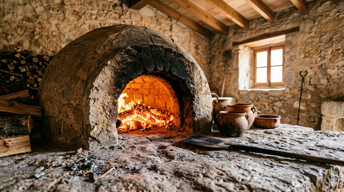 Horno de leña tradicional mallorquín con brasas ardientes, cazuelas de barro y fuego lento iluminando la escena.