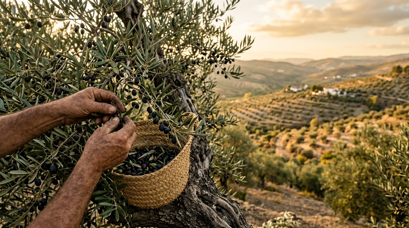 Hände bei der Olivenernte in einem traditionellen mallorquinischen Garten mit Philosophie der Nachhaltigkeit und lokaler Produkte.