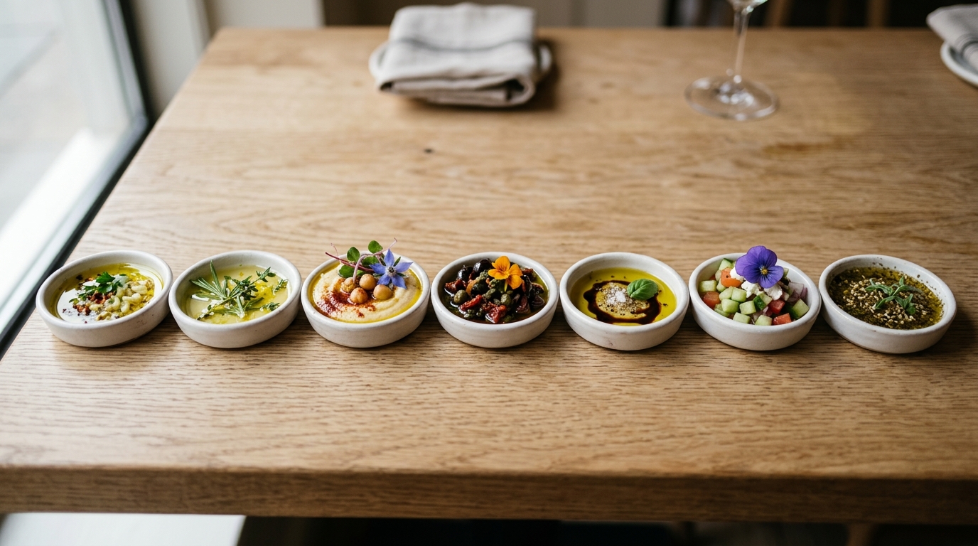 Sieben weiße Keramikteller mit Olivenölzubereitungen im Sondermenü eines gastronomischen Erlebnisses.