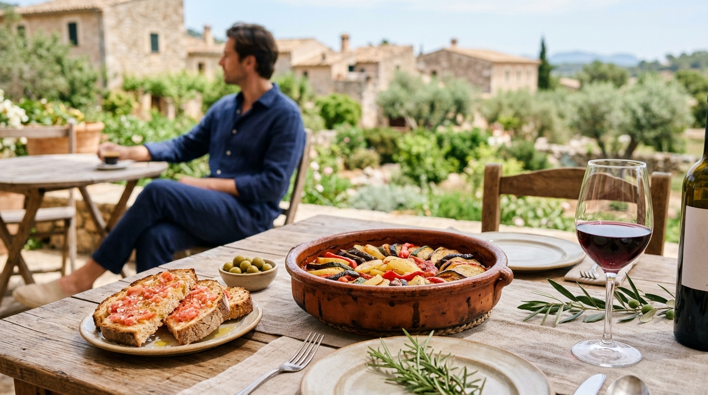 Mesa rústica con platos tradicionales mallorquines como tumbet, ensalada de pulpo y pa amb tomàquet servidos con vino local.