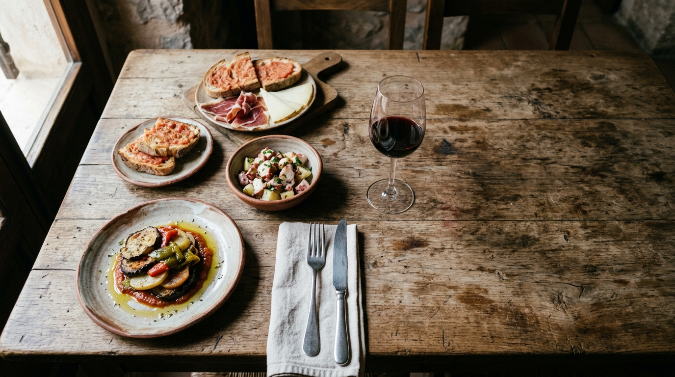 Comida tradicional Mallorca: qué comer en cada estación del año 3 Mesa rústica con platos tradicionales mallorquines como tumbet, ensalada de pulpo y pa amb tomàquet servidos con vino local.
