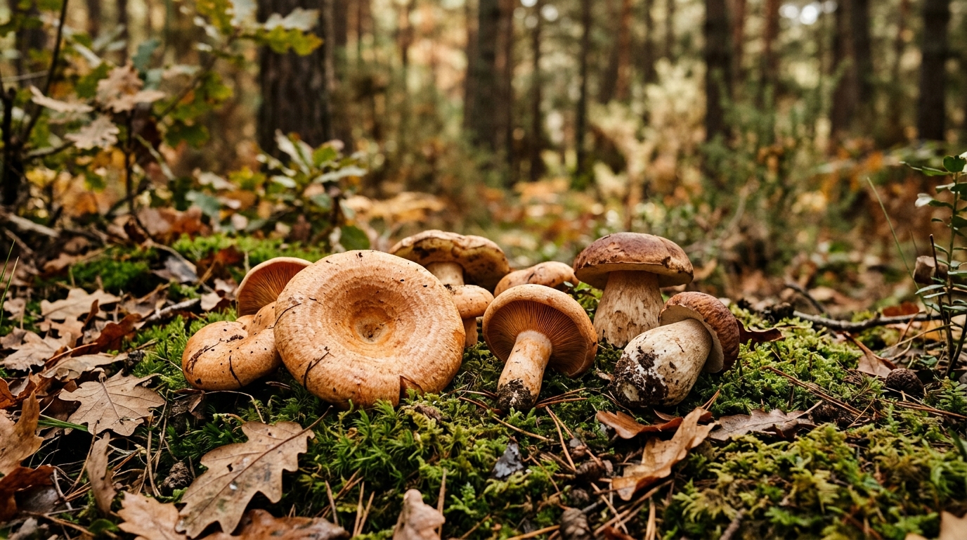 Setas de otoño mallorquin (rovellons y bolets) sobre musgo del bosque con rocío matutino, luz dorada natural.