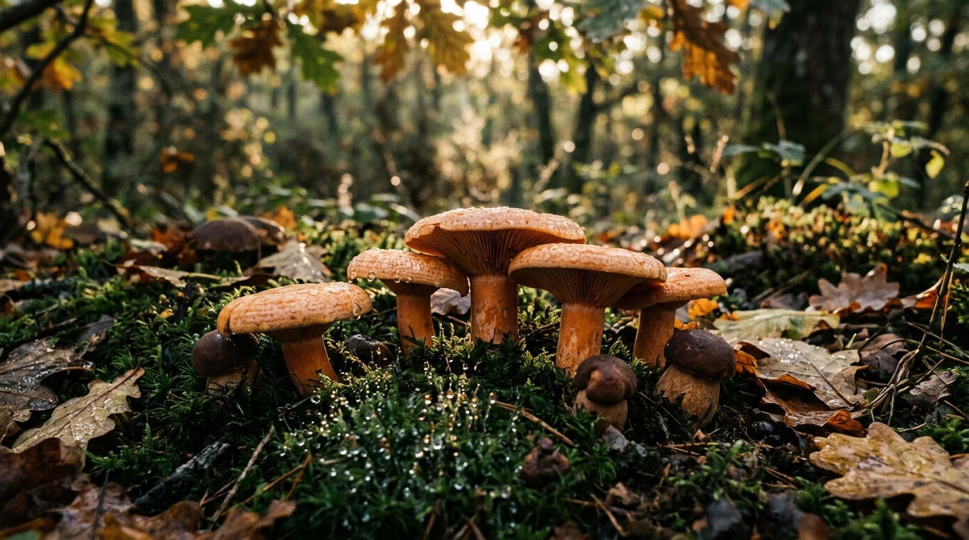 Comida tradicional Mallorca: qué comer en cada estación del año 2 Setas de otoño mallorquin (rovellons y bolets) sobre musgo del bosque con rocío matutino, luz dorada natural.
