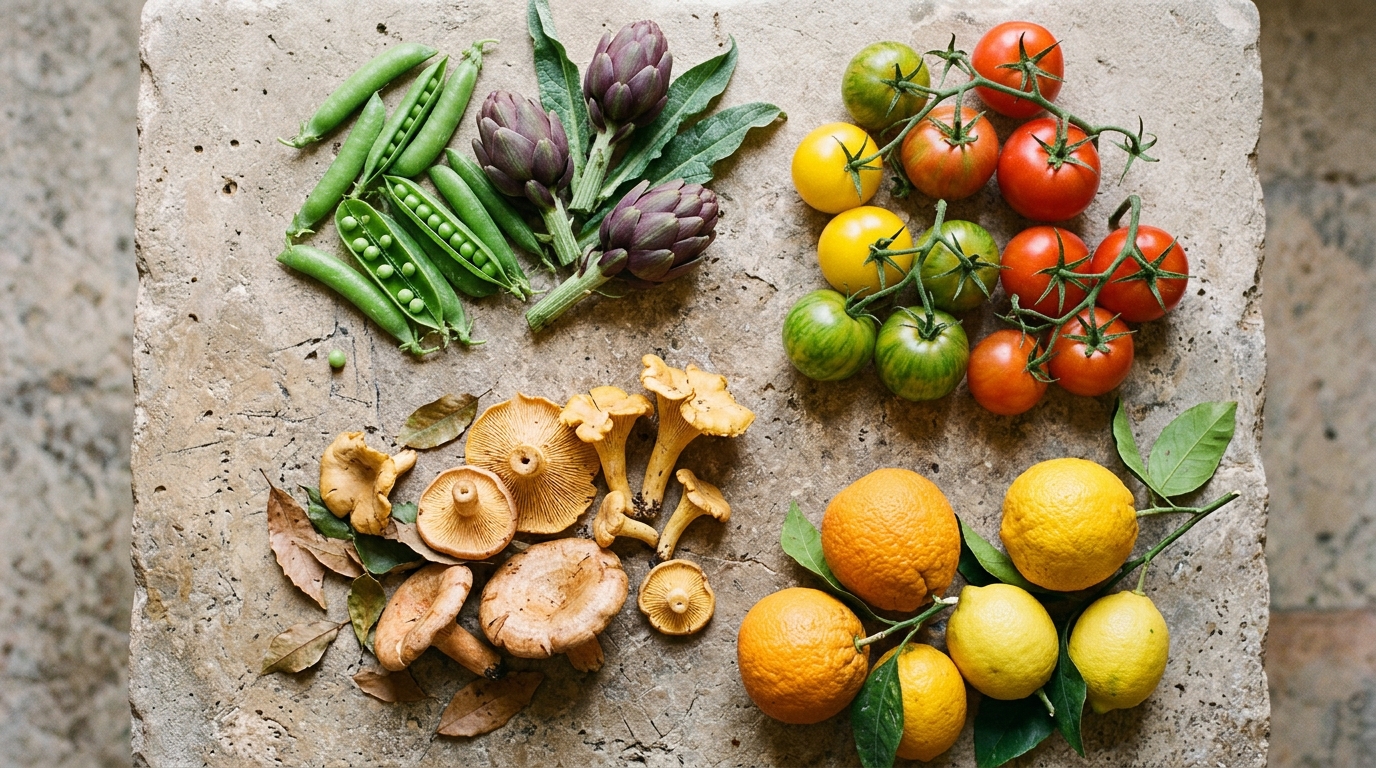Ingredientes locales de Mallorca organizados por estación: verduras de primavera, setas de otoño, cítricos de invierno y