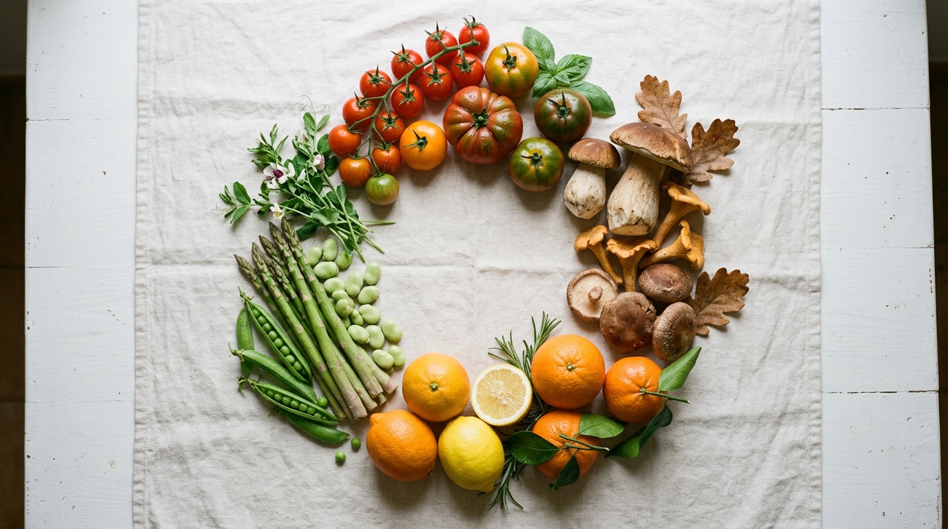 Ingredientes locales de Mallorca organizados por estación: verduras de primavera, setas de otoño, cítricos de invierno y
