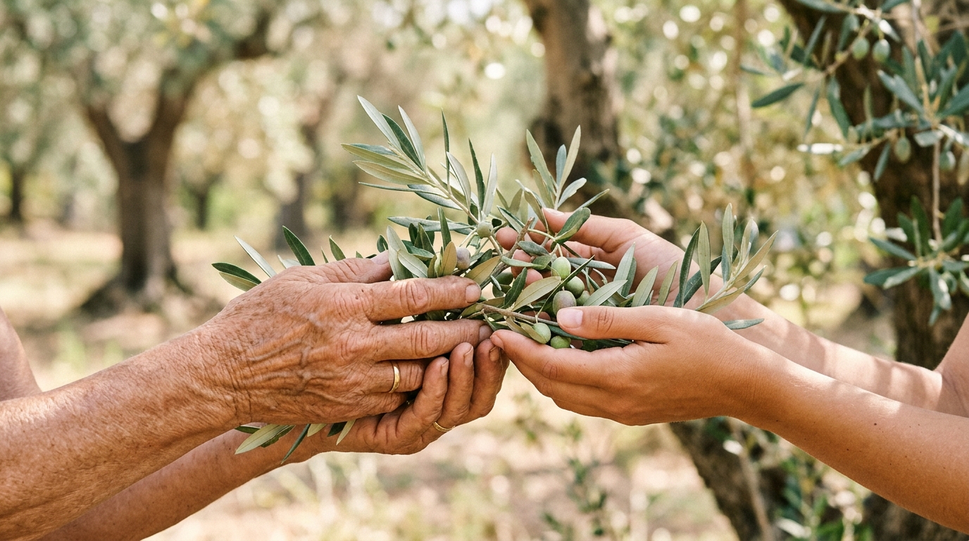 Finca Treurer: history, olive oil and oleicultural excellence in Mallorca 2 Hands of two generations working together on olive branches, symbolising the family succession in olive oil excellence.
