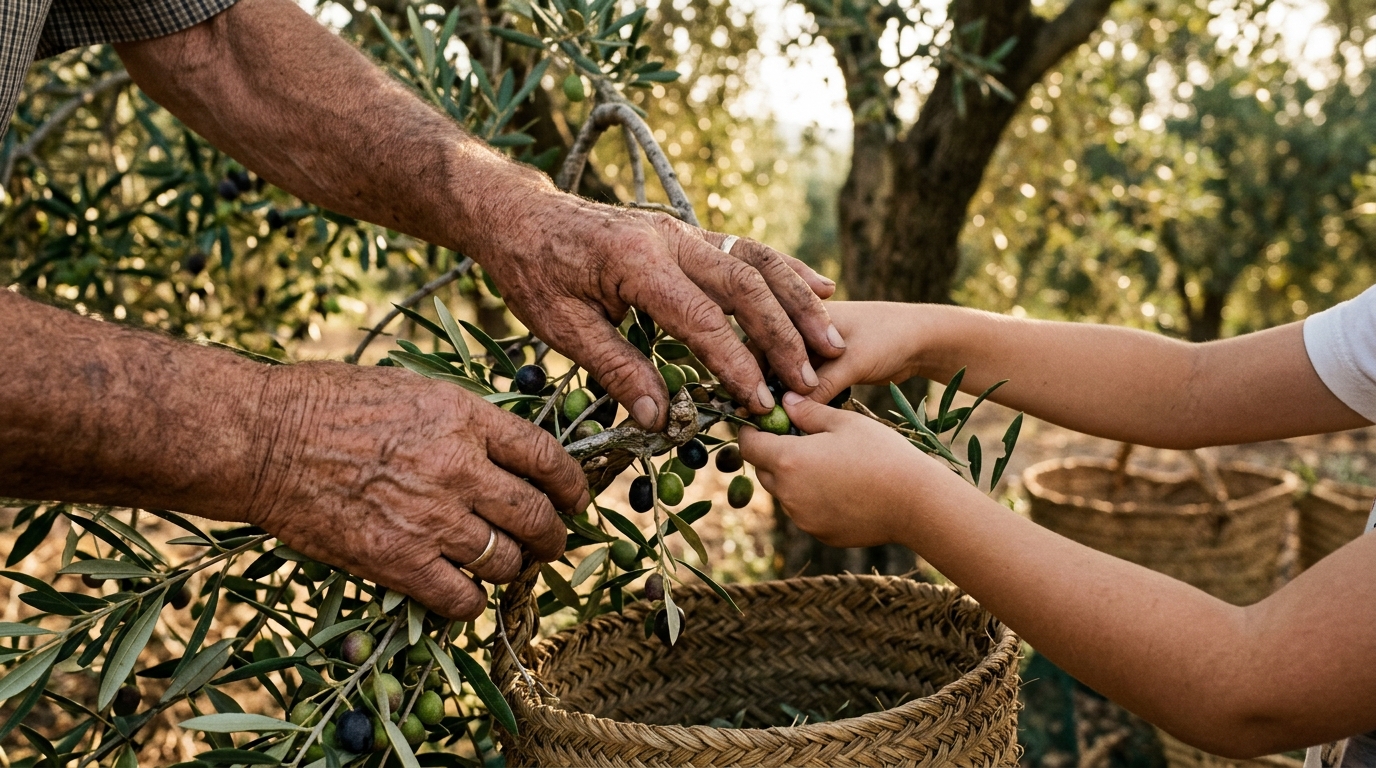Finca Treurer: historia, aceite y excelencia oleícola en Mallorca 2 Manos de dos generaciones trabajando juntas en ramas de olivo, simbolizando el relevo familiar en la excelencia oleícola.