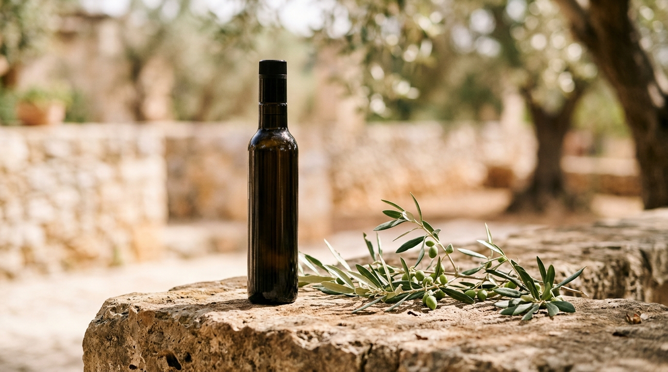 Finca Treurer: history, olive oil and oleicultural excellence in Mallorca 3 Bottle of extra virgin olive oil with golden tones reflecting premium quality and international recognition.