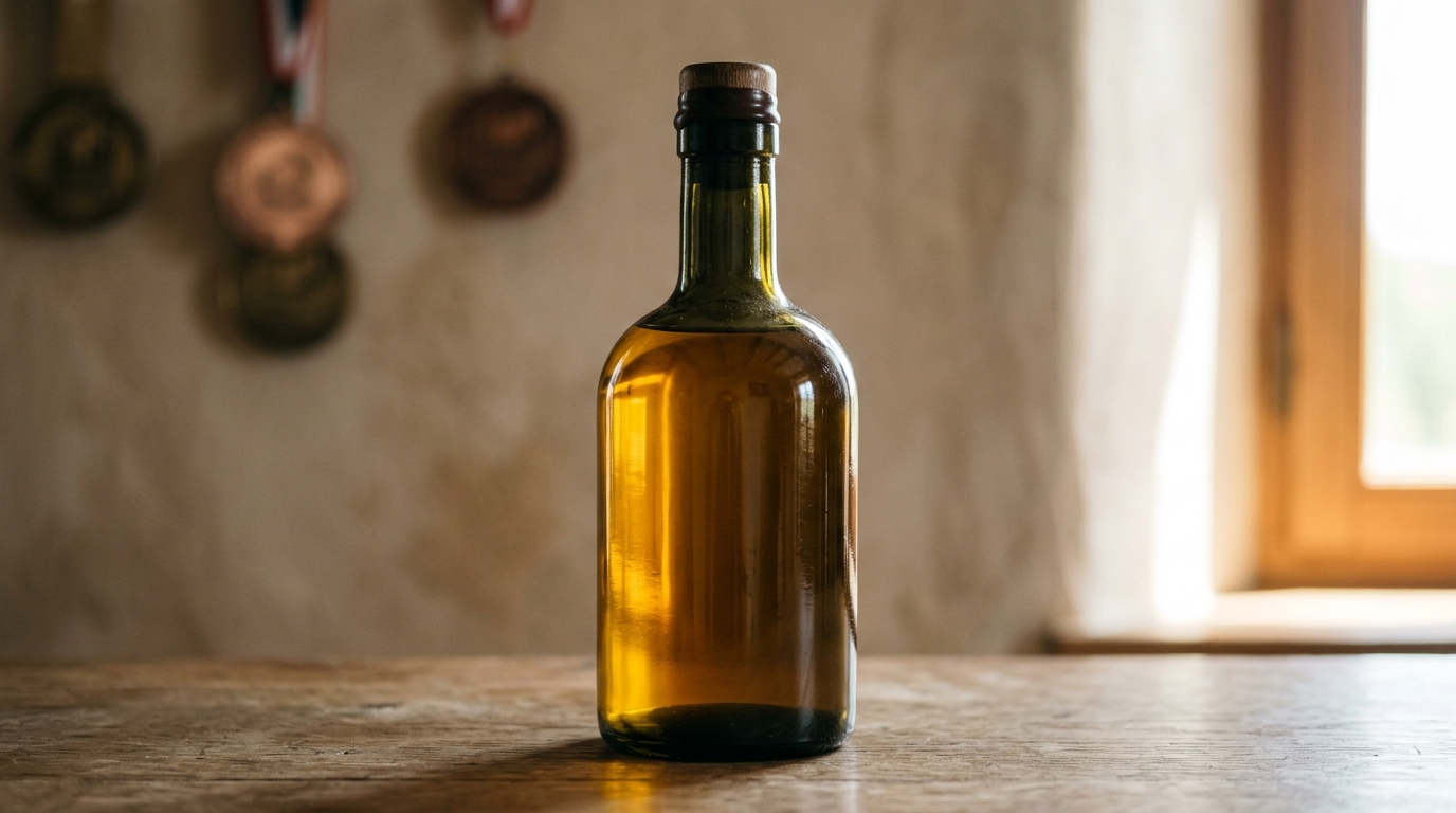 Finca Treurer: historia, aceite y excelencia oleícola en Mallorca 3 Botella de aceite de oliva virgen extra con tonos dorados reflejando la calidad premium y reconocimientos internacionales.