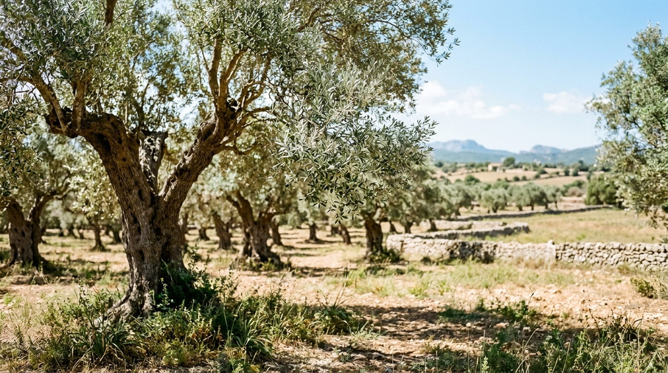 Olivar ancestral en es Pla de Mallorca con árboles retorcidos bajo luz dorada, reflejando la tradición oleícola familiar.