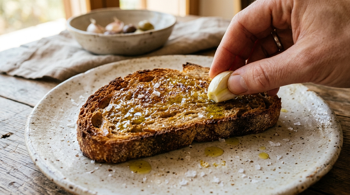 Olivenöl und mallorquinische Weine kombinieren: ein Leitfaden nach Gerichten 2 Geröstetes Brot mit Knoblauch, nativem Olivenöl extra und Meersalz auf einem rustikalen Keramikteller.