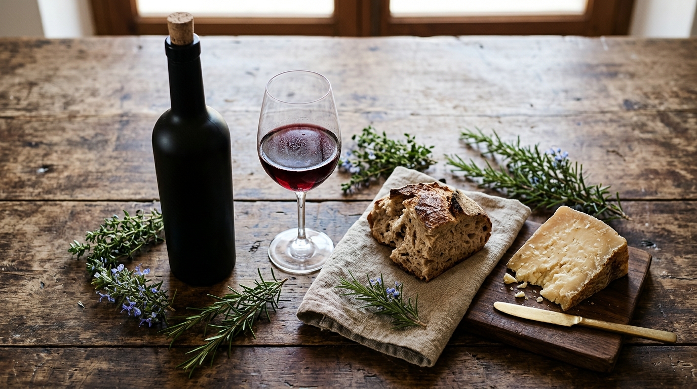 Mesa rústica con botella de aceite de oliva virgen extra, copa de vino mallorquín, pan, queso y hierbas mediterráneas en
