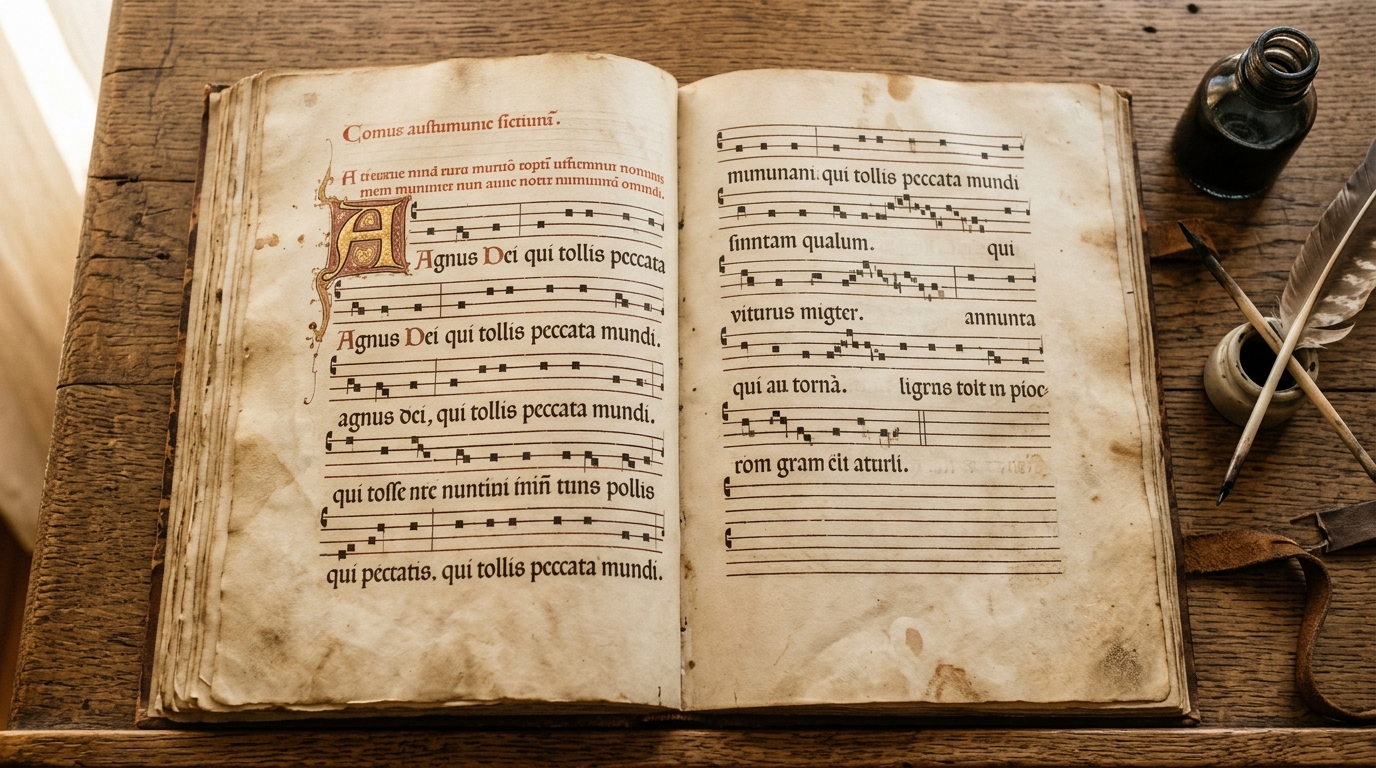 Manuscrito antiguo con notación musical en pergamino iluminado por luz natural, evocando la tradición de La Sibil·la.