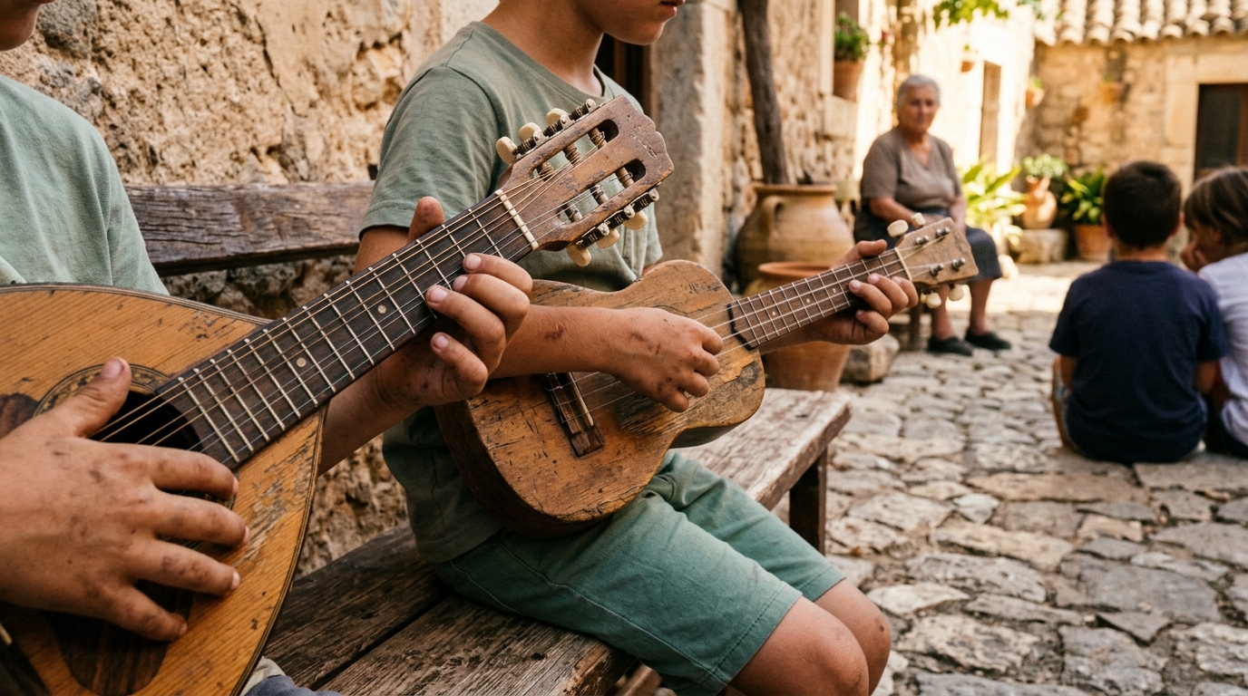 Manos de niños aprendiendo instrumentos tradicionales en plaza de pueblo bajo luz solar, transmitiendo danzas folclóricas