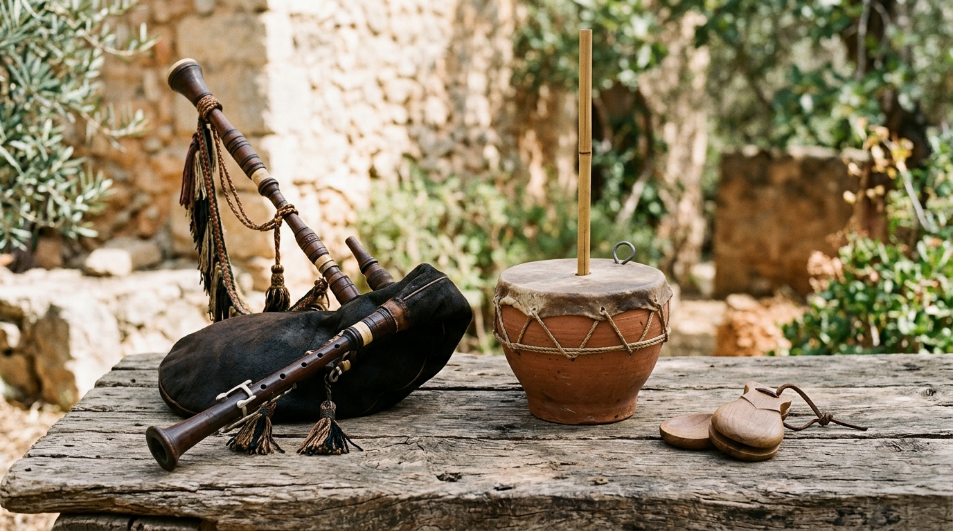 Instrumentos tradicionales mallorquines como xeremies y ximbomba sobre madera rústica con luz natural.