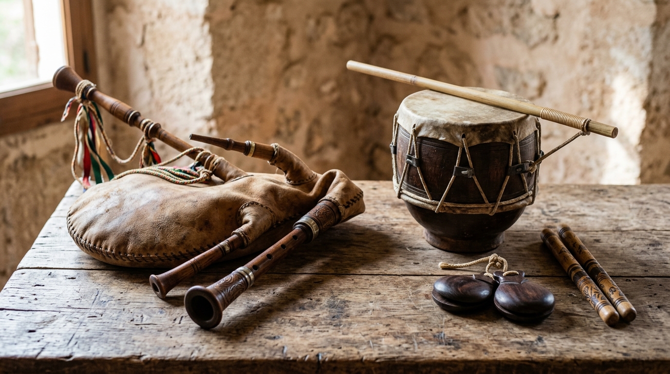 Aceite de oliva virgen extra de Mallorca 141 Instrumentos tradicionales mallorquines como xeremies y ximbomba sobre madera rústica con luz natural.