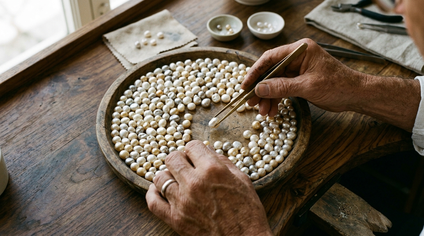 Perla mallorquina: historia, tradición y patrimonio de Mallorca 2 Manos de artesano seleccionando perlas en bandeja de madera, luz natural difusa, enfoque en la búsqueda de la perla perfecta.