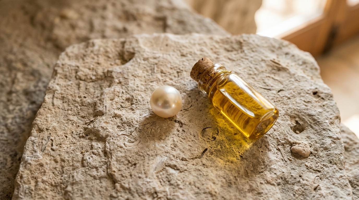 Perla mallorquina: historia, tradición y patrimonio de Mallorca 3 Perla y aceite de oliva sobre piedra natural, representando dos patrimonios de la tierra mallorquina bajo luz cálida.