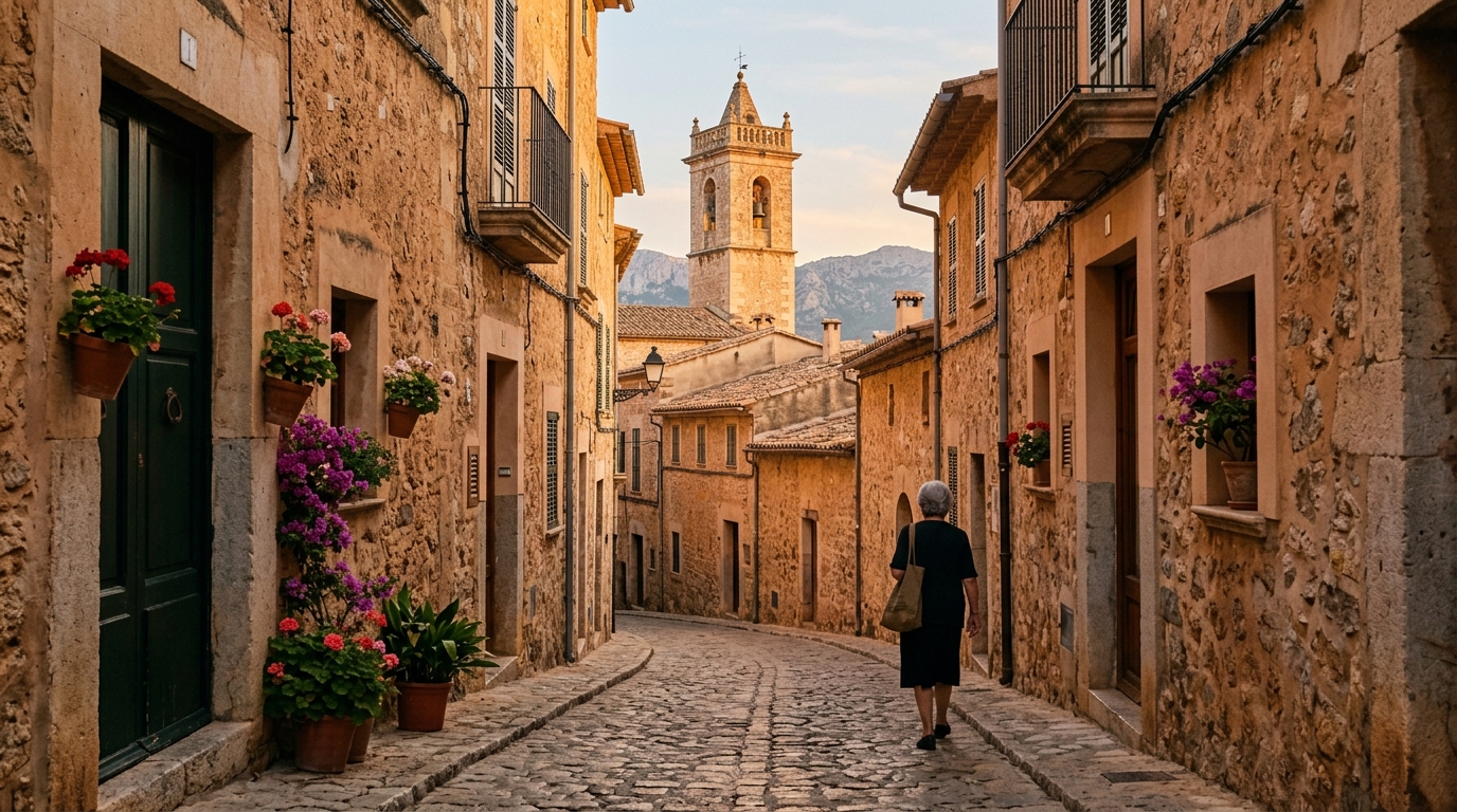 Callejuelas de piedra en Pollença con fachadas ocres y una torre de iglesia al fondo iluminada por la luz dorada del