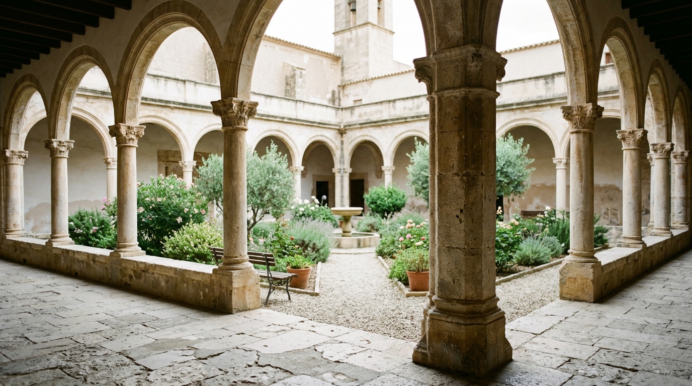 Patio interior del convento con arcos de piedra, fuente central y luz suave filtrándose entre columnas.