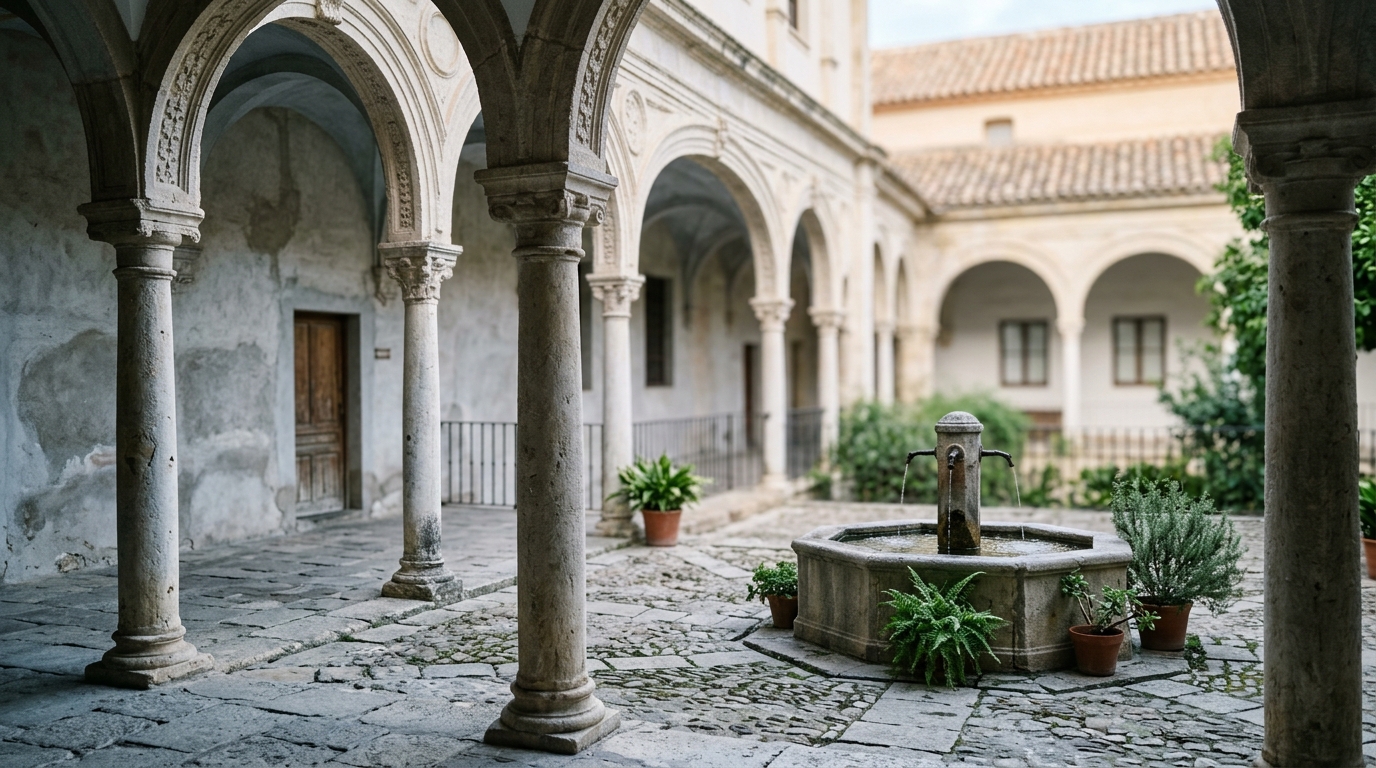 Pollença: patrimonio, arte y espiritualidad en el corazón de Mallorca 2 Patio interior del convento con arcos de piedra, fuente central y luz suave filtrándose entre columnas.