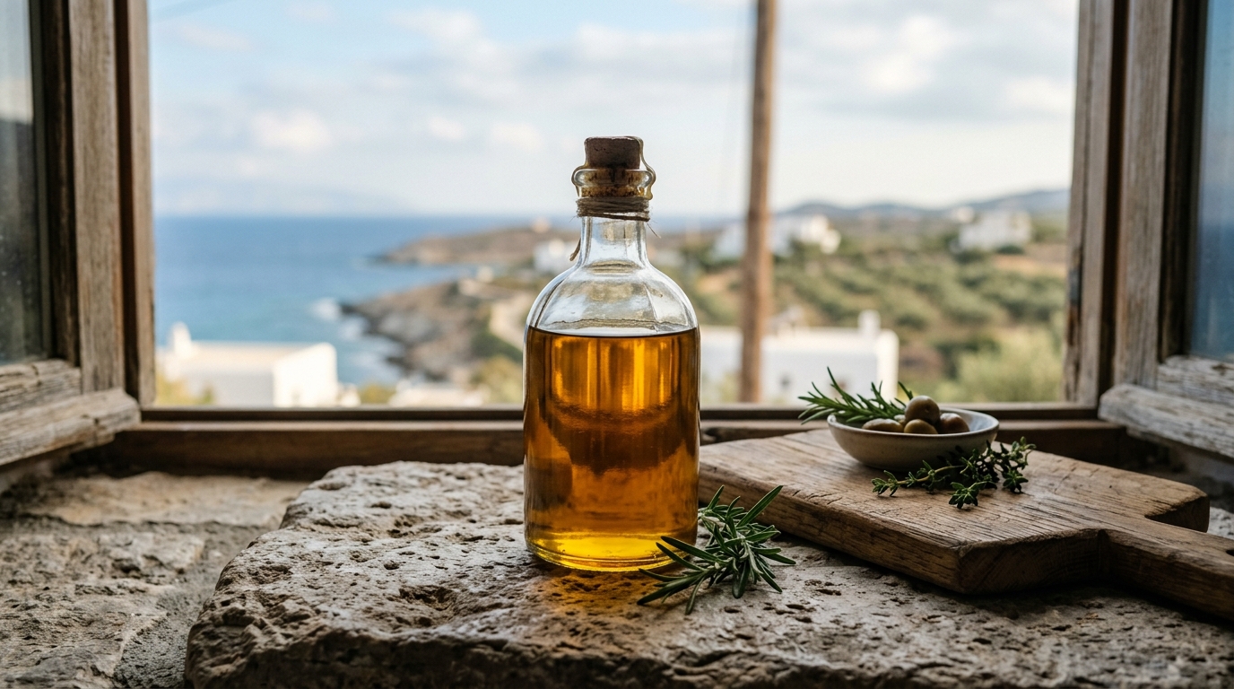 Pollença marinera: puerto, pesca tradicional y gastronomía del norte de Mallorca 3 Botella de aceite de oliva virgen dorado con vistas al paisaje costero mediterráneo de fondo.