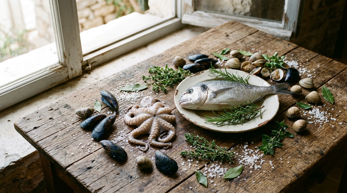 Pollença marinera: puerto, pesca tradicional y gastronomía del norte de Mallorca 2 Ingredientes frescos de gastronomía marinera: pescado, pulpo y mariscos locales sobre madera rústica.