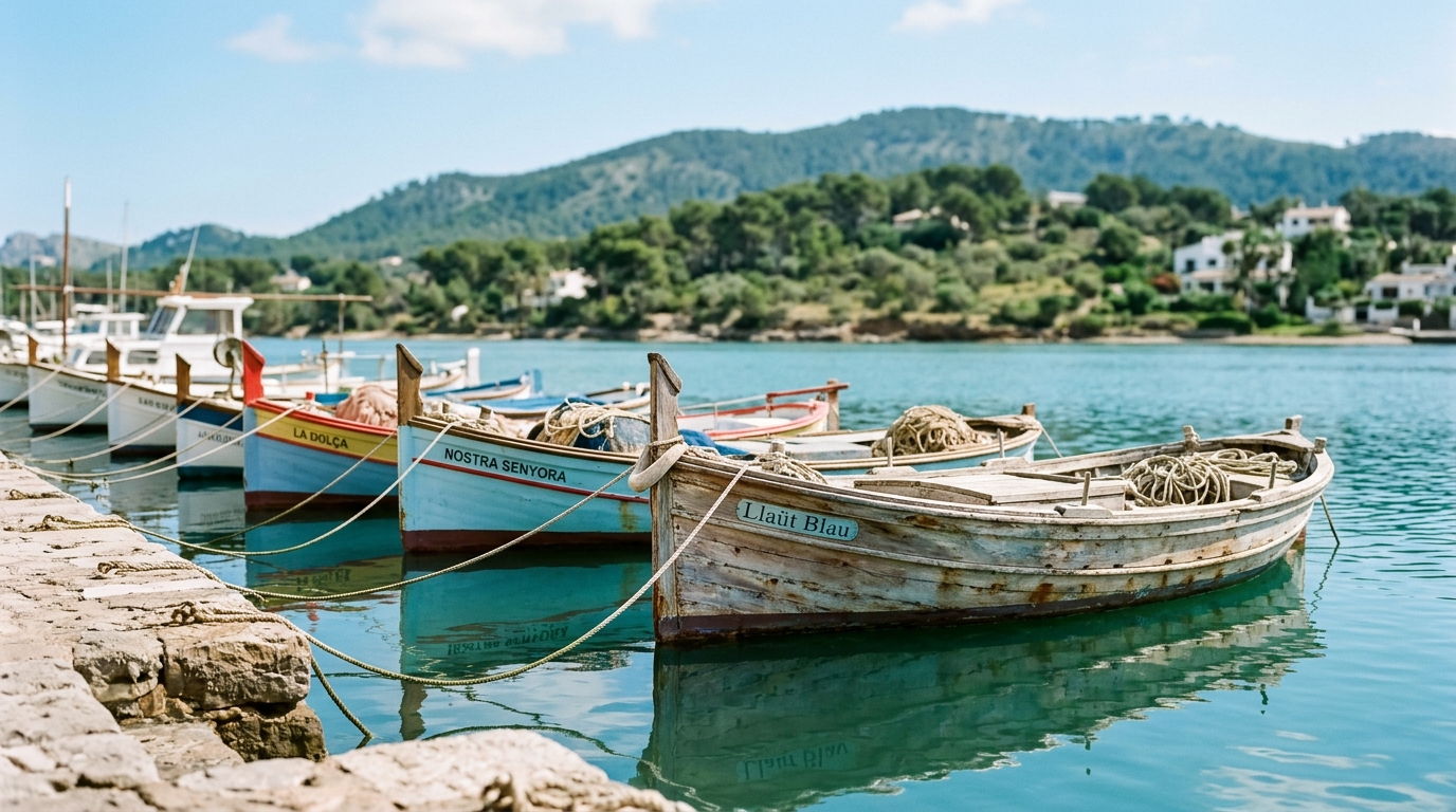 Puerto de Pollença con barcas de pesca tradicionales amarradas en aguas tranquilas al atardecer.