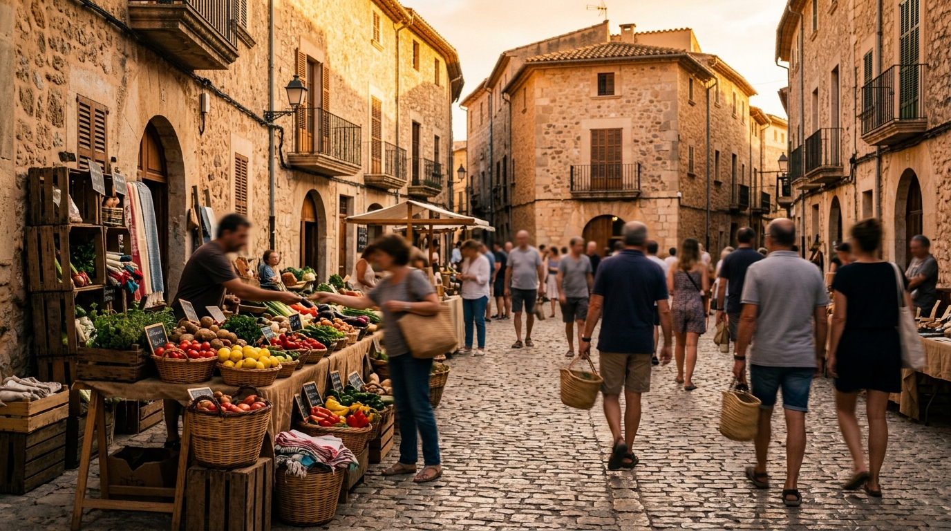 Pollença: patrimonio, arte y espiritualidad en el corazón de Mallorca 3 Plaza de mercado en Pollença con puestos tradicionales, edificios de piedra y luz dorada del atardecer.