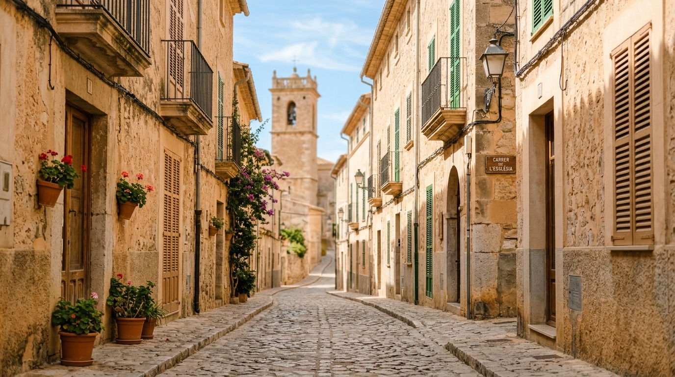 Callejuelas de piedra en Pollença con fachadas ocres y una torre de iglesia al fondo iluminada por la luz dorada del