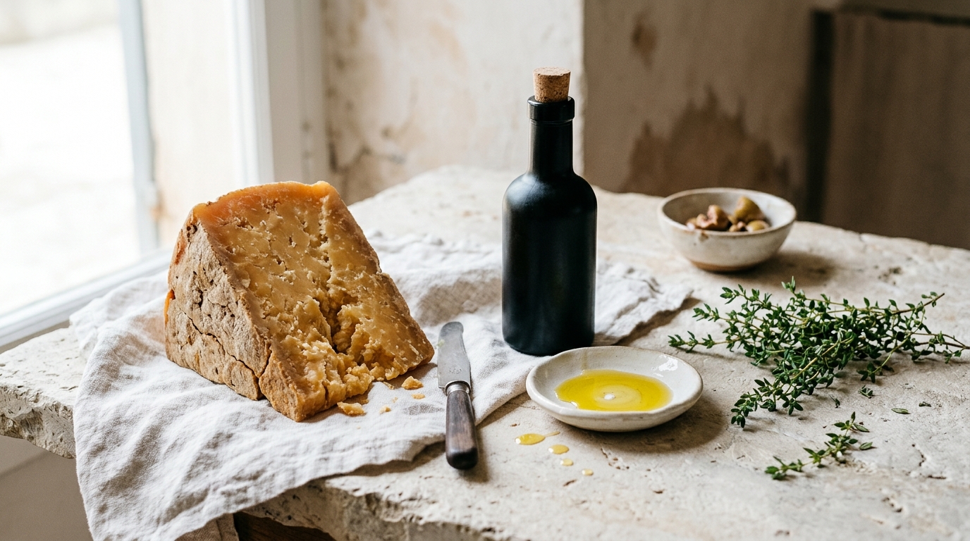 Handwerkliche Käsesorten aus Mallorca: Sorten, Herstellung und Weinbegleitung 3 Keil handwerklichen Käses mit Nativem Olivenöl extra zur Kombination.