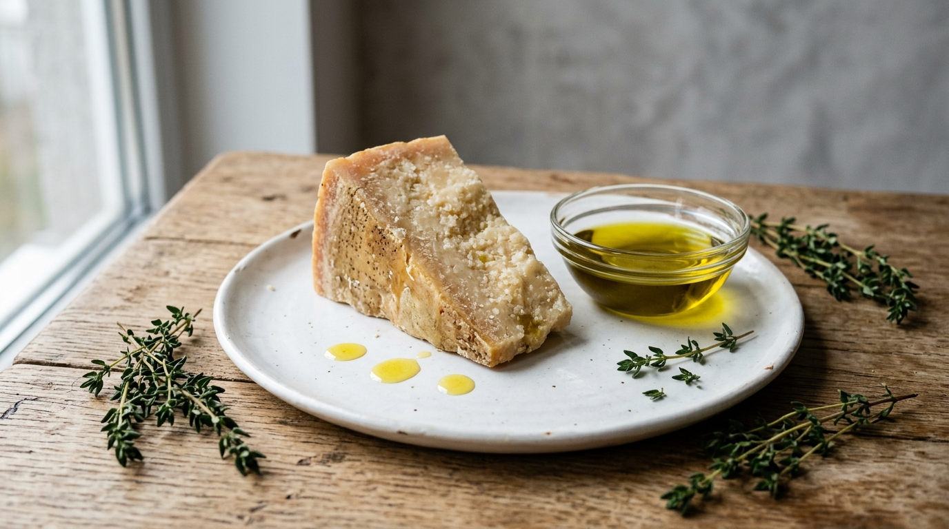 Cuña de queso artesanal con aceite virgen extra para maridaje.